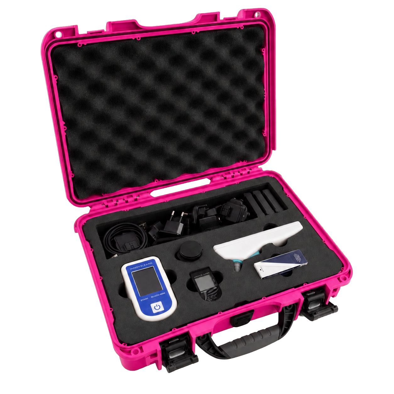 The Euro Kit open in its pink protective case: Gluco-mini, Oxi, and Ear-T seated in the foam insert, with chargers, adapters, and batteries in their compartment